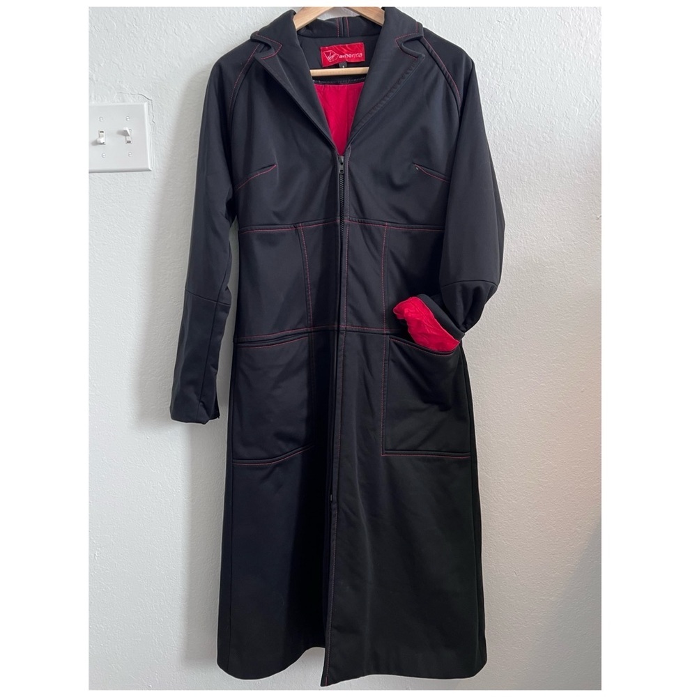 Virgin America Black and Red Longline Neoprene-Style Trench Coat